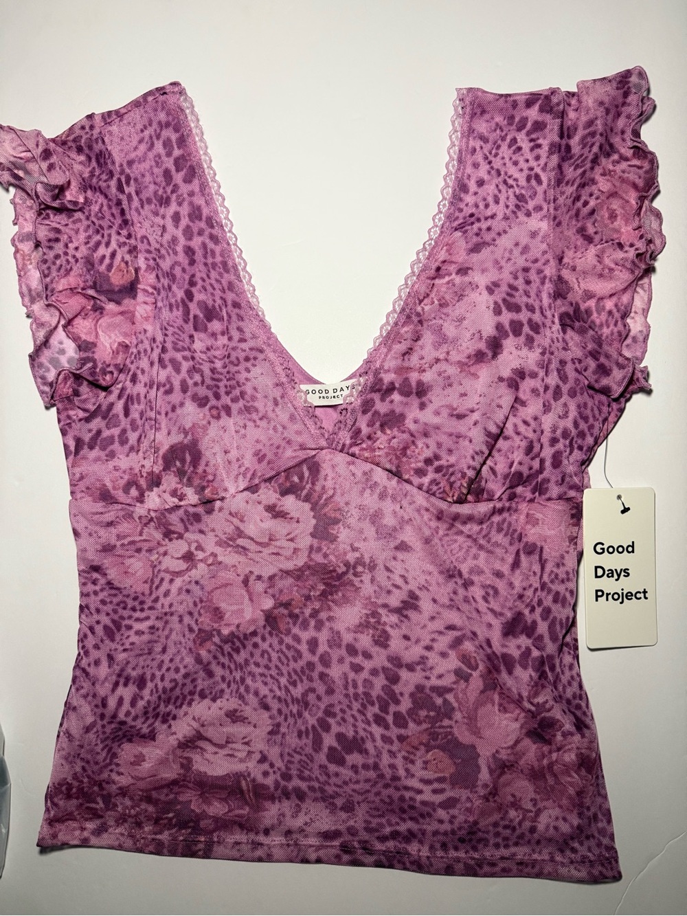 Good Days Project Pink Purple Mesh Animal Print Ruffle Top - Size Large - NWT
